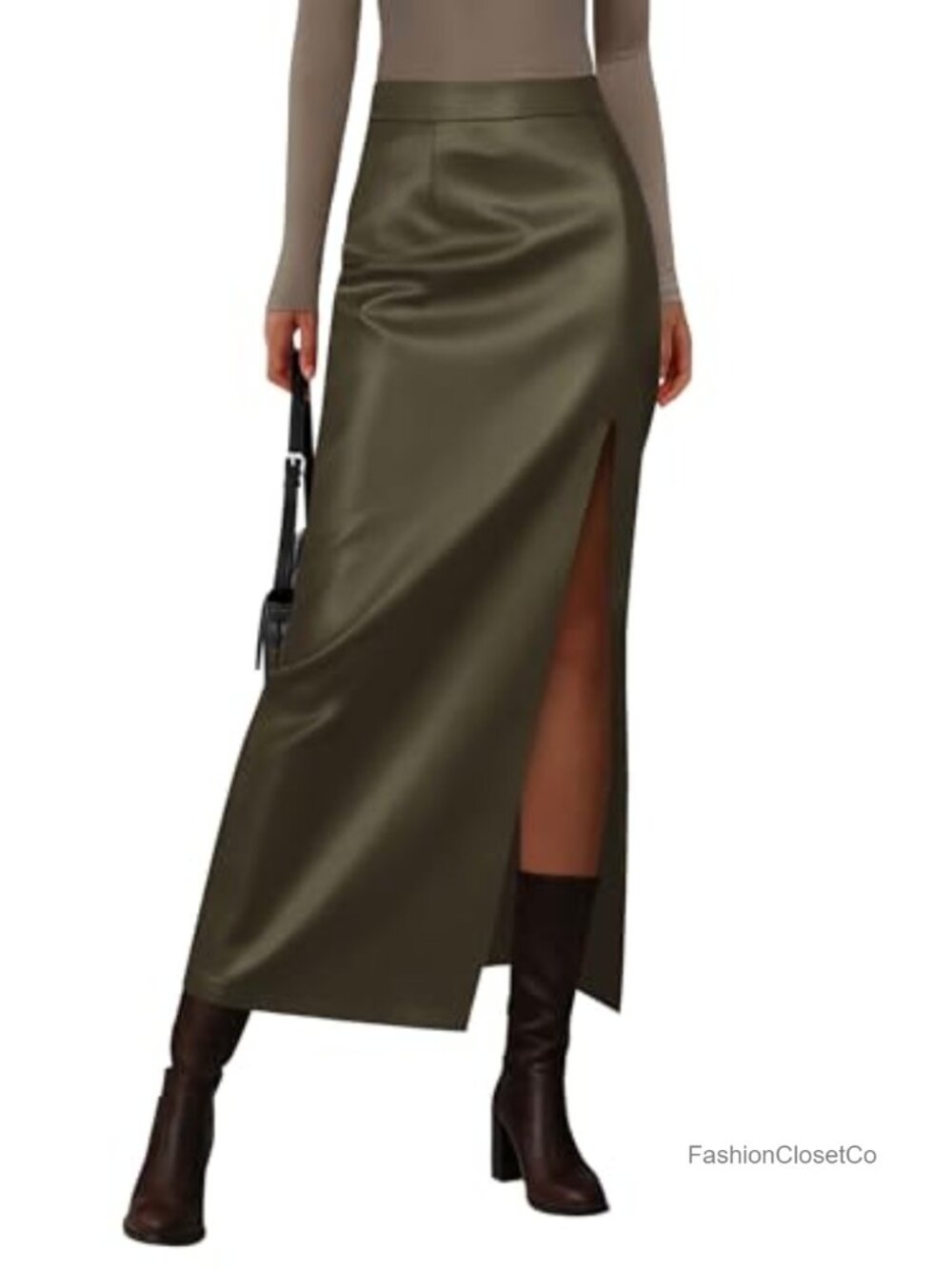 Faux Leather High Waist Maxi Pencil Skirt Side Slit